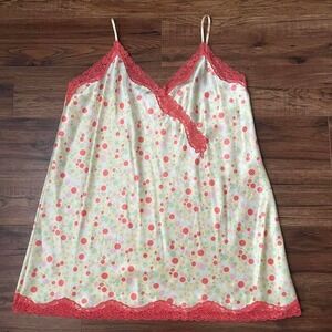 Vintage Satin Polka Dot Yellow Pink Slip Dress Lace Coquette Adjustable Y2K‎